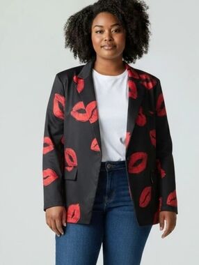 Como Vintage Black Blazer with Red Lip Print